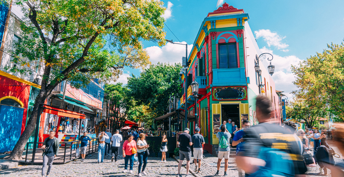 Vibrant Colored Buildings and Tourists in La Boca, Buenos Aires, Argentina